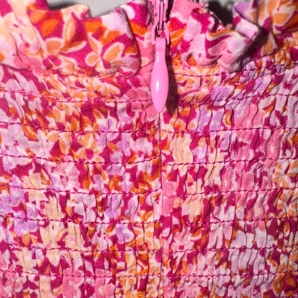 Karlie, Smocked Bodice, Ruffle Floral Pink Midi Dress (M) - Picture 3 of 5
